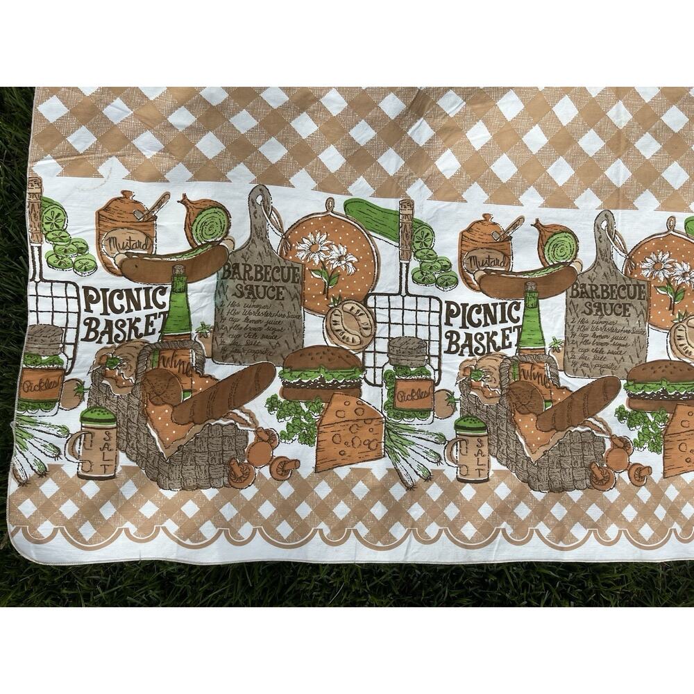 1970s Picnic Food Condiments BBQ Table Cover Lattice Print Hem Vinyl 70 x 50